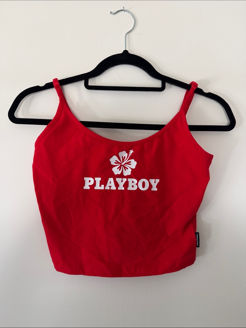 PLAYBOY x Missguided Red Logo Spaghetti-Strap Crop Top